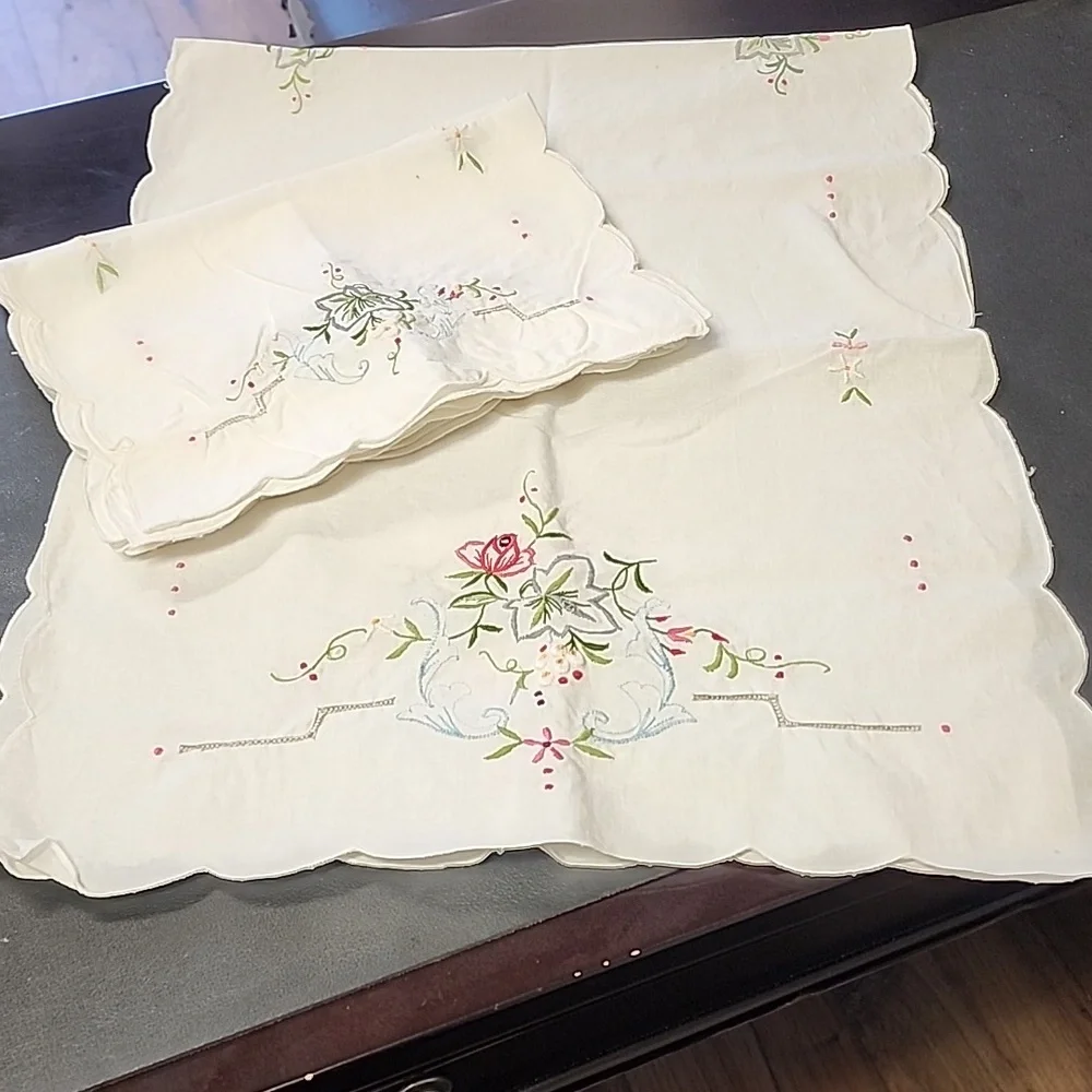 Vintage Handmade Embroidered Tea Towels & Matching Table Runner